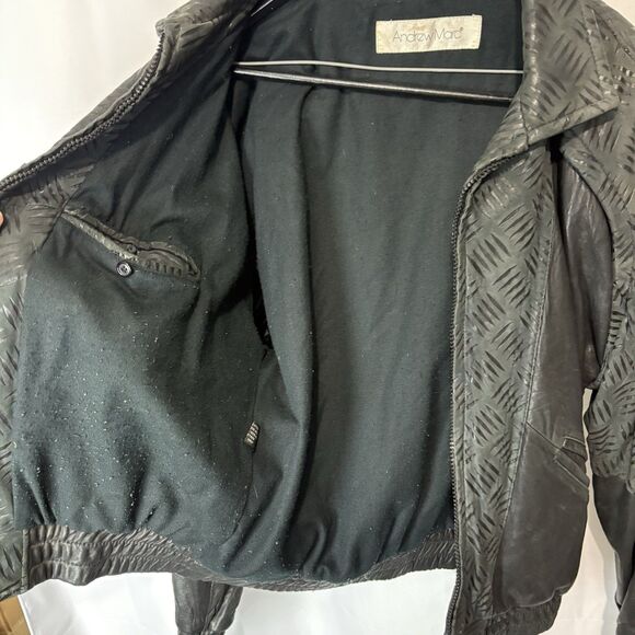 Vintage 80s Andrew Marc Leather Bomber Flight Style Coat Jacket Large Textured - Picture 5 of 10